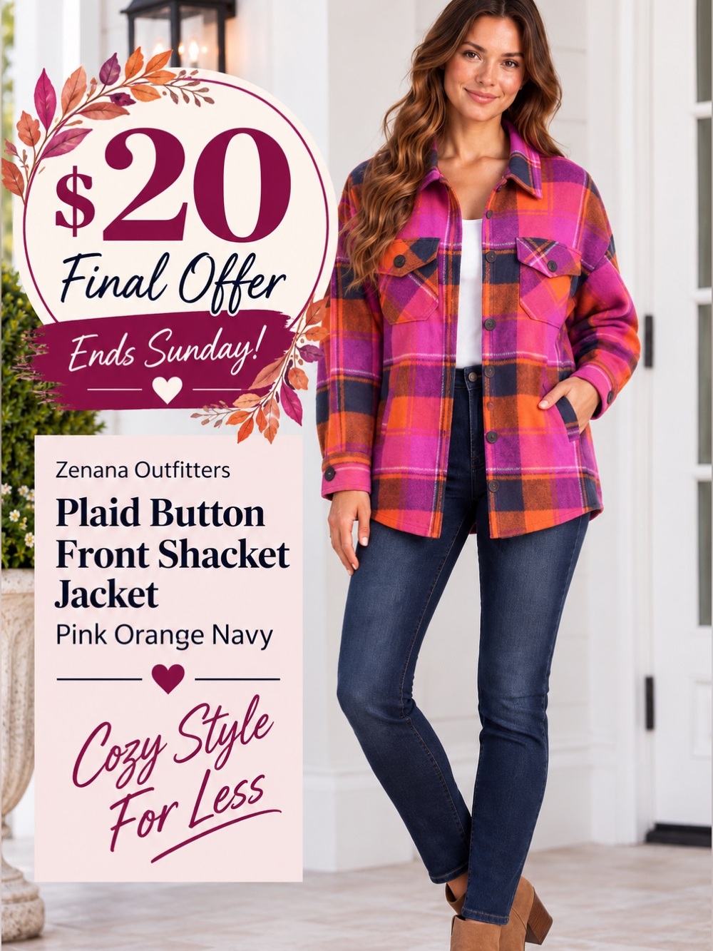 Zenana Plaid Button Front Shacket Jacket Pink Orange Navy Size M